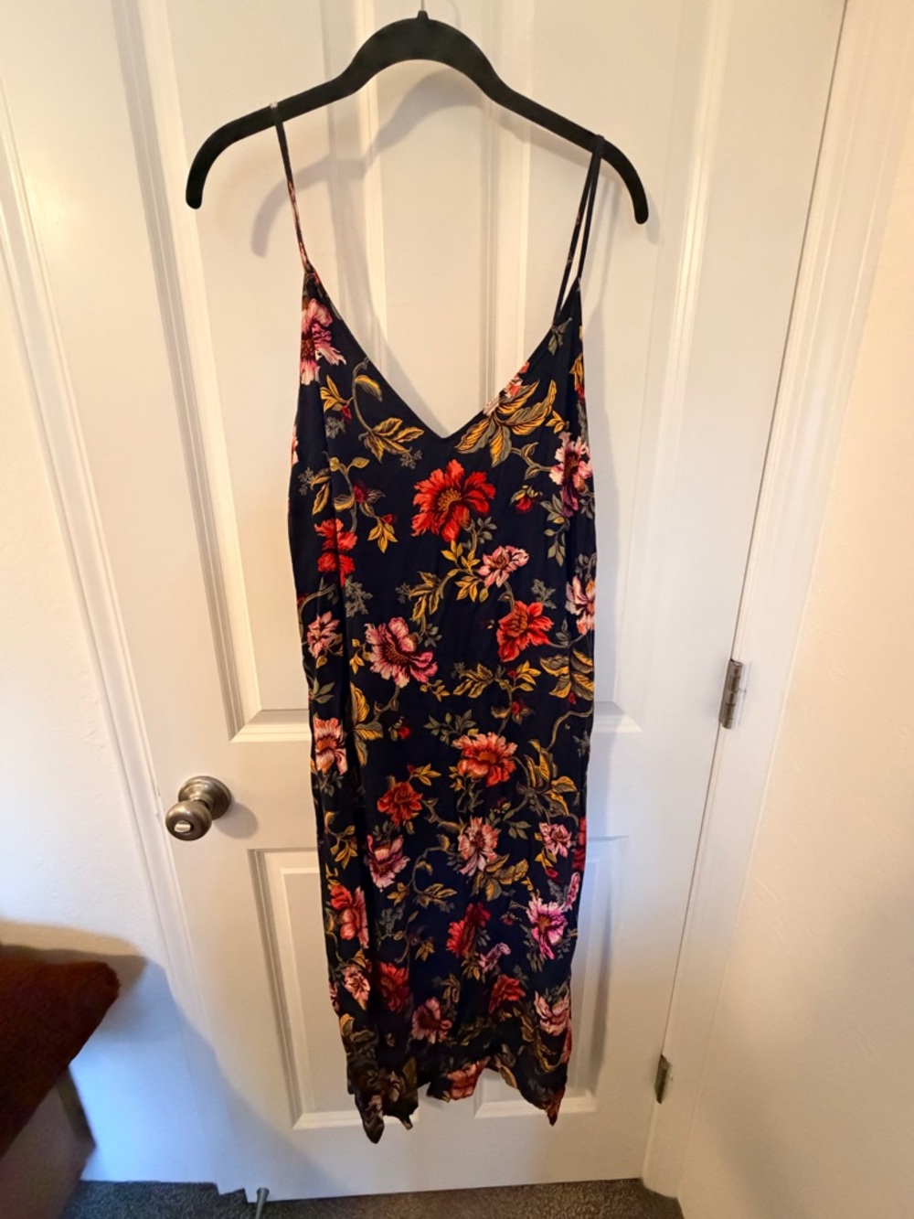Old Navy Navy Midi Slip Dress with Red, Pink & Gold Floral Print